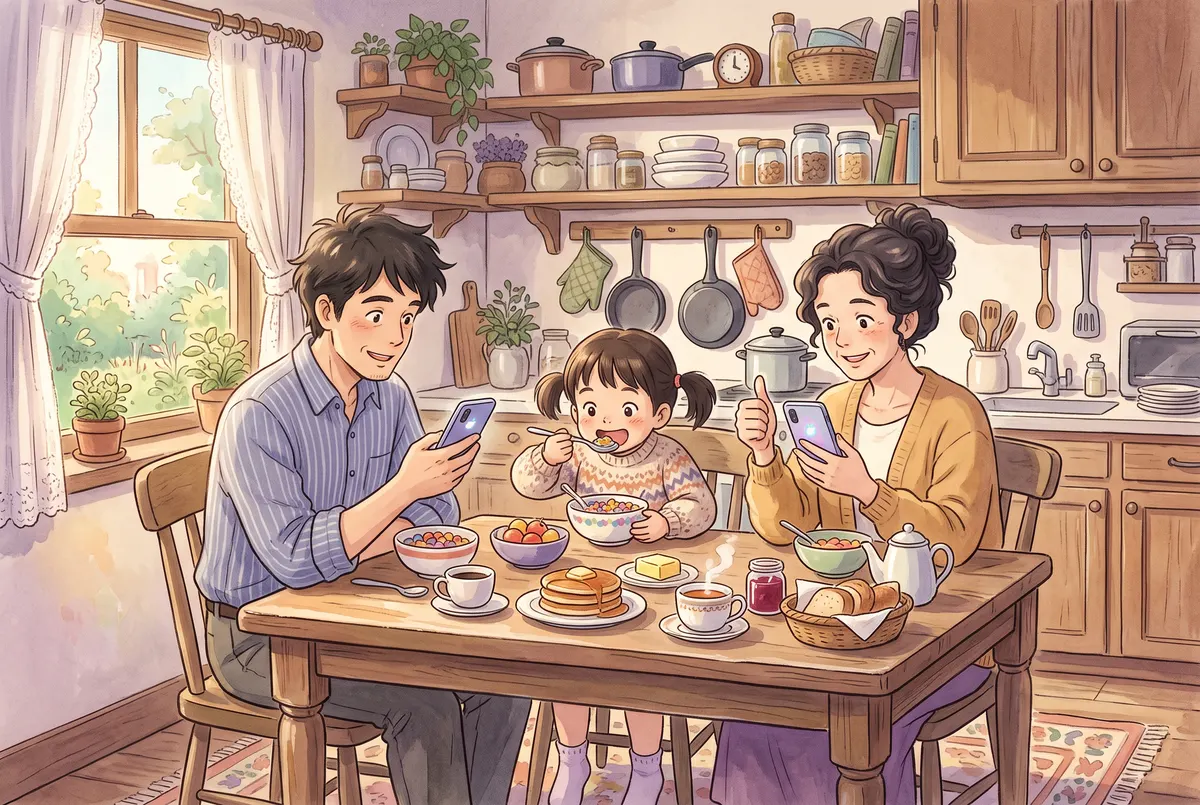 Illustration: two parents at breakfast each approving something on their phone