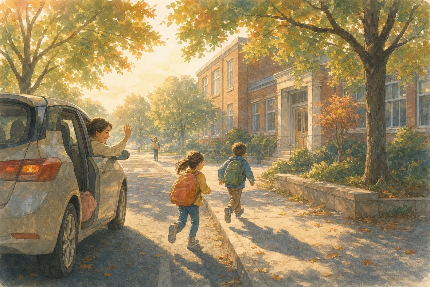 Painted scene: morning school drop-off under maple trees. Two kids with backpacks run toward a brick school while their mom waves from the car.