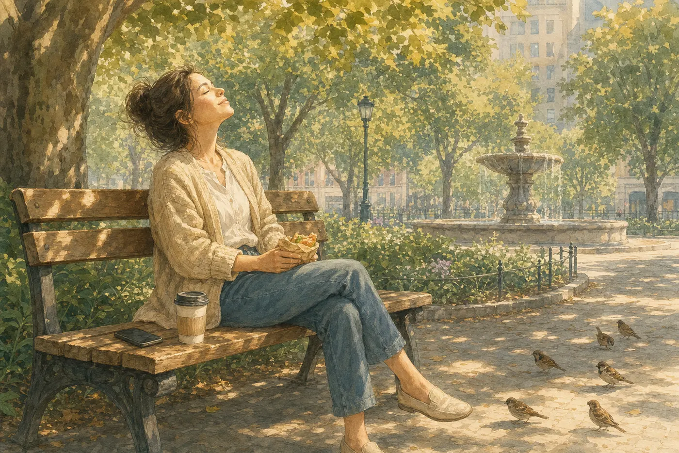 Painted scene: Maya on a park bench at midday, eyes closed in the sun, a sandwich in hand, her phone face-down beside her.