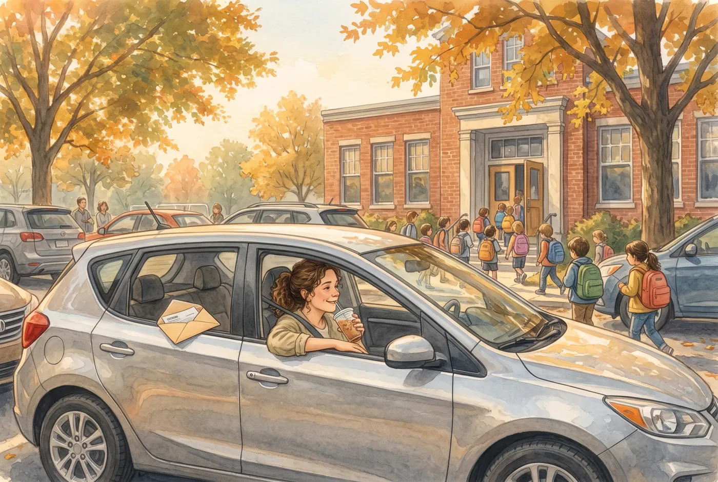 Painted scene: afternoon school pickup line. Maya relaxes in the driver's seat with an iced coffee, an opened bill envelope on the dashboard, while kids stream out of a brick school.