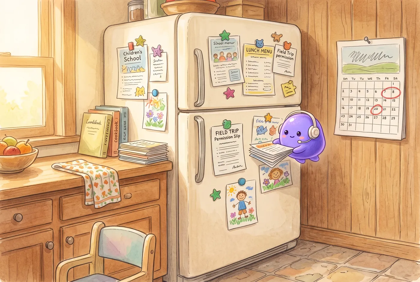 Painted scene: Jen, the violet helper orb, tidying school flyers and permission slips on a family fridge next to a wall calendar