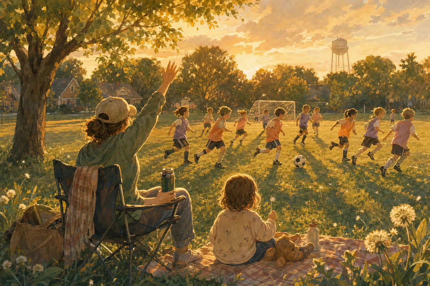 Painted scene: golden-hour kids' soccer practice. Maya cheers from a folding chair on the sideline while a toddler sits on a picnic blanket.